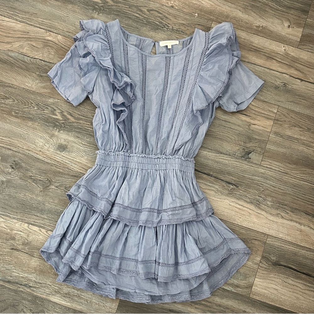 Love shack fancy Natasha light blue ruffle mini dress size XS